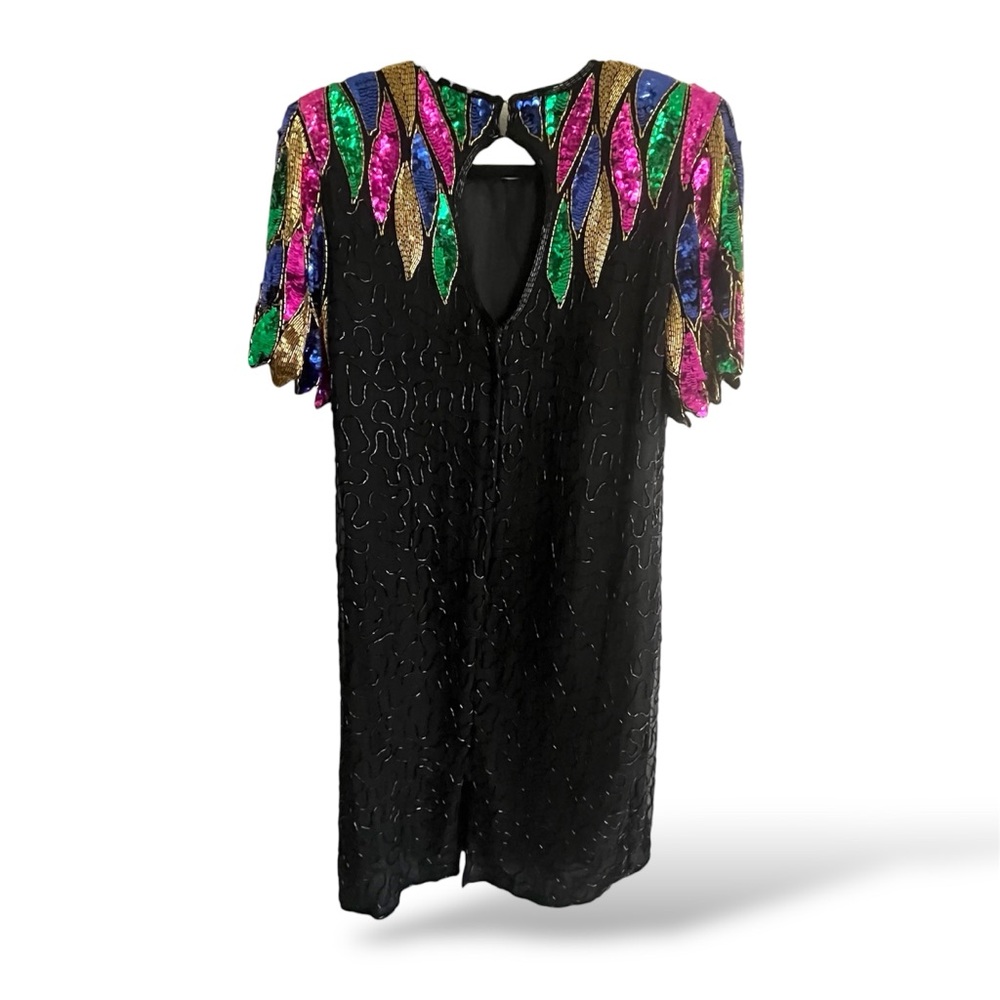 Silk Peacock Color-Burst NYE Mardi-Gras Knee-Length Cocktail Party Dress